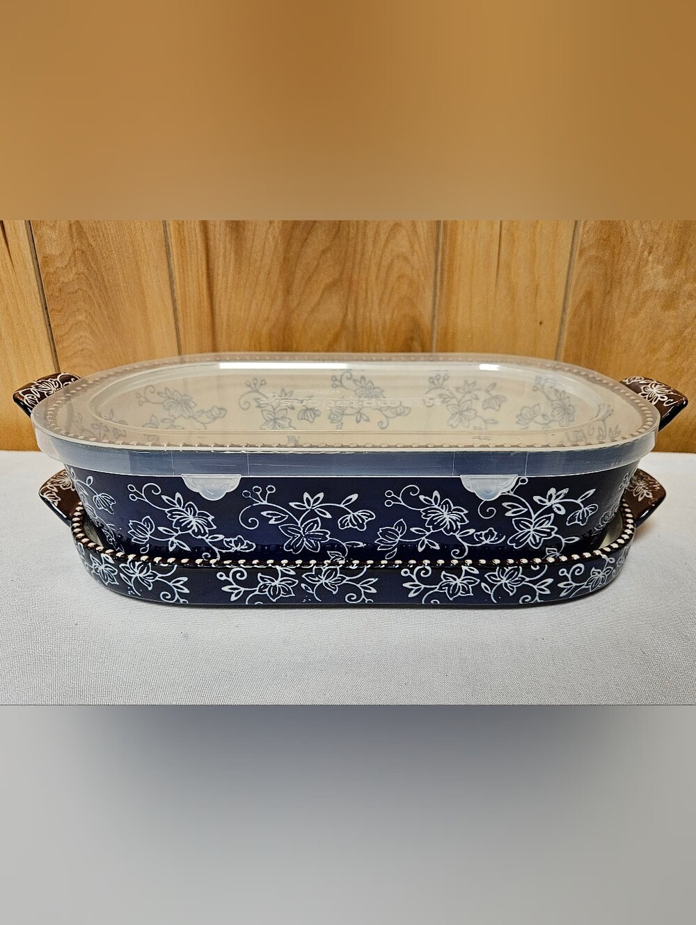 Temptations Floral Lace 2QT Bakeware  3PC Set Blue & Brown